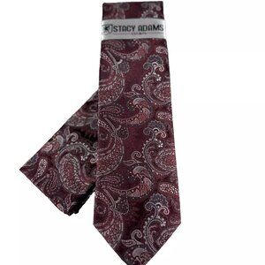 Stacy Adams Men's Tie & Hanky Burgundy Charcoal Gray Silver Paisley 3.25" Wide